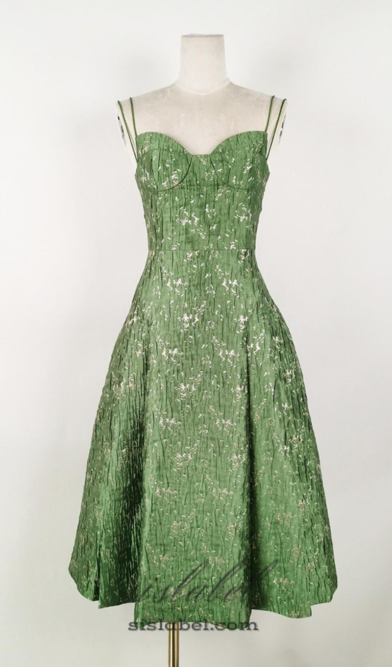 VINTAGE GREEN SUSPENDER JACQUARD MIDI DRESS