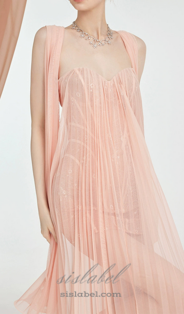 Thea Strapless Mesh Backless maxi Dress in pink