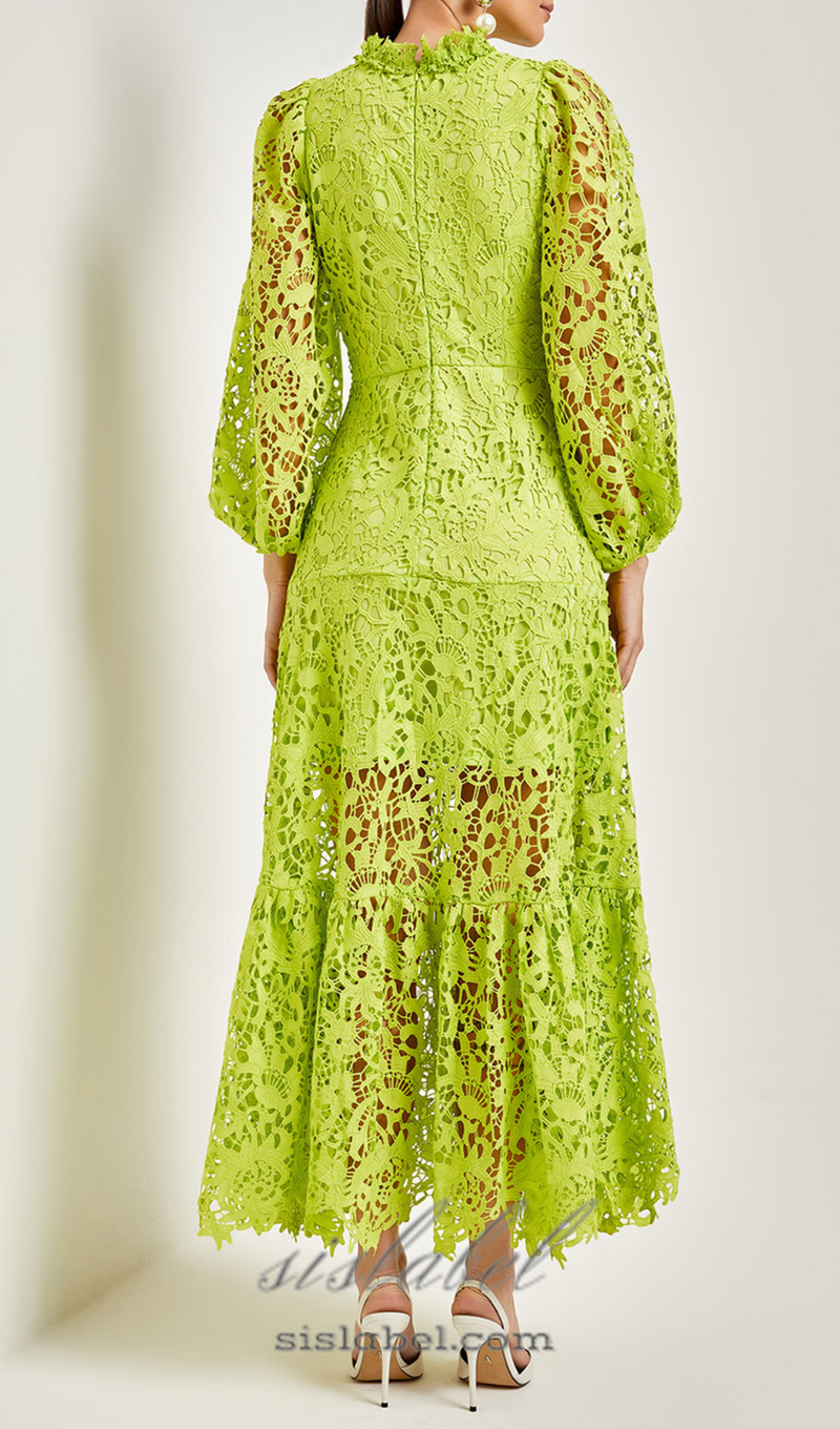 TARA GREEN LACE EMBROIDERED LONG SLEEVE MIDI DRESS