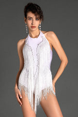 PEARL FRINGE EMBELLISHED BODYSUIT IN WHITE