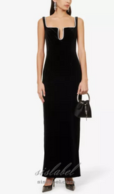 Crystal-embellished velvet maxi dress