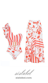 RUFFLE PRINTED SWIMSUIT AND SKIRT SET