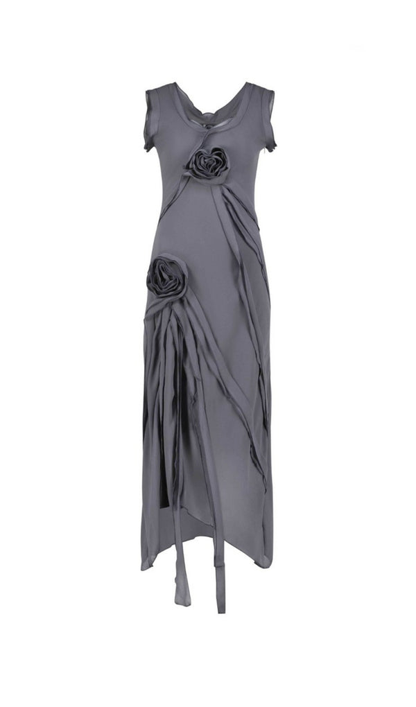 MESH VINTAGE FLORAL PLEATED MAXI DRESS IN GREY