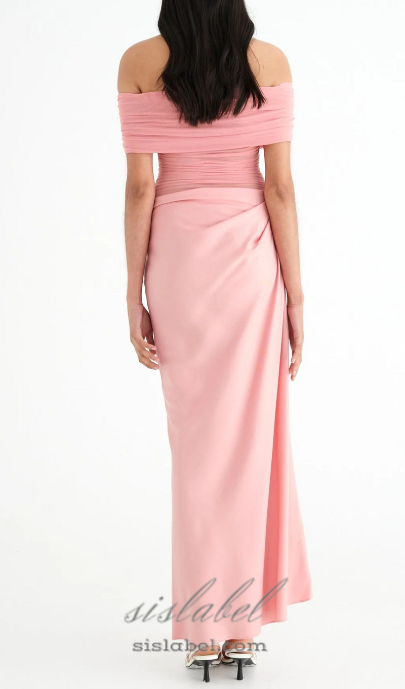 Reanko Off Shoulder Ruched Mesh Maxi Dress in Pink