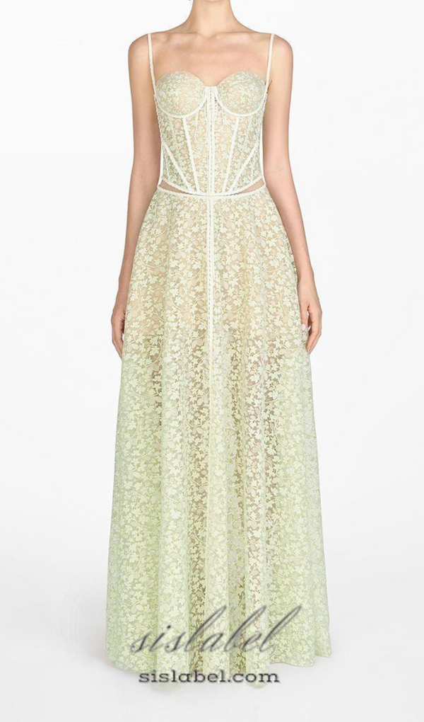 TESS LACE STITCHING HOLLOW SLIT MAXI DRESS IN GREEN