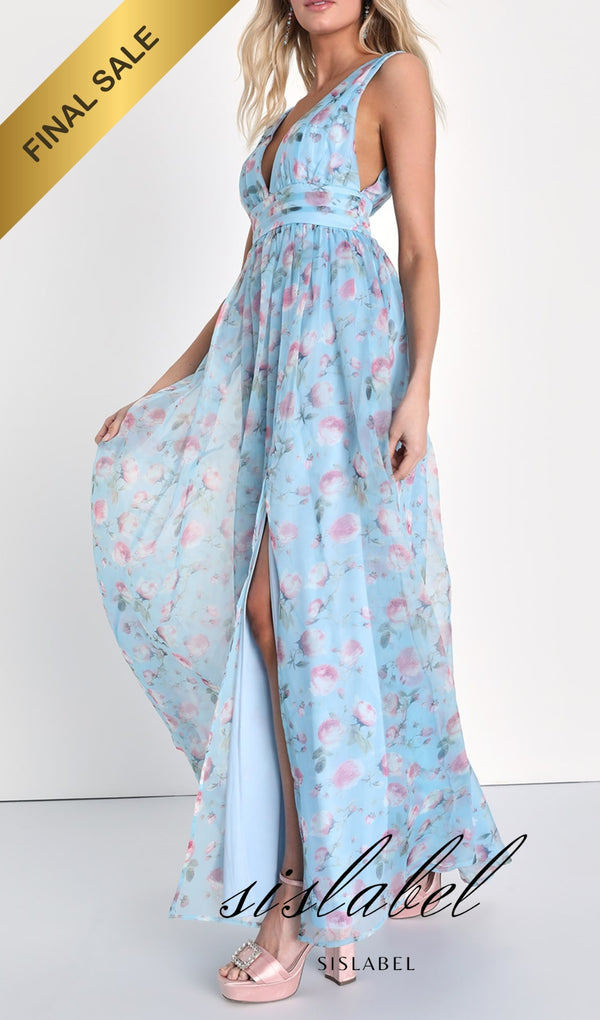 Garden Romance Light Blue Floral Print Organza Maxi Dress