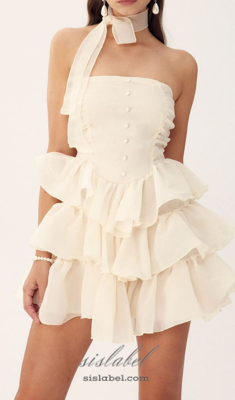 JANICE STRAPLESS RUFFLE MINI CHIFFON DRESS IN BEIGE