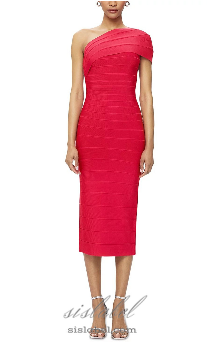 Abigail one-shoulder bandage midi Dress in rio red