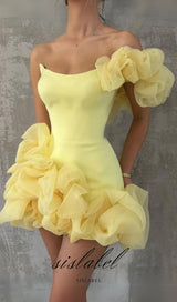 One shoulder ruffle mini dress in yellow