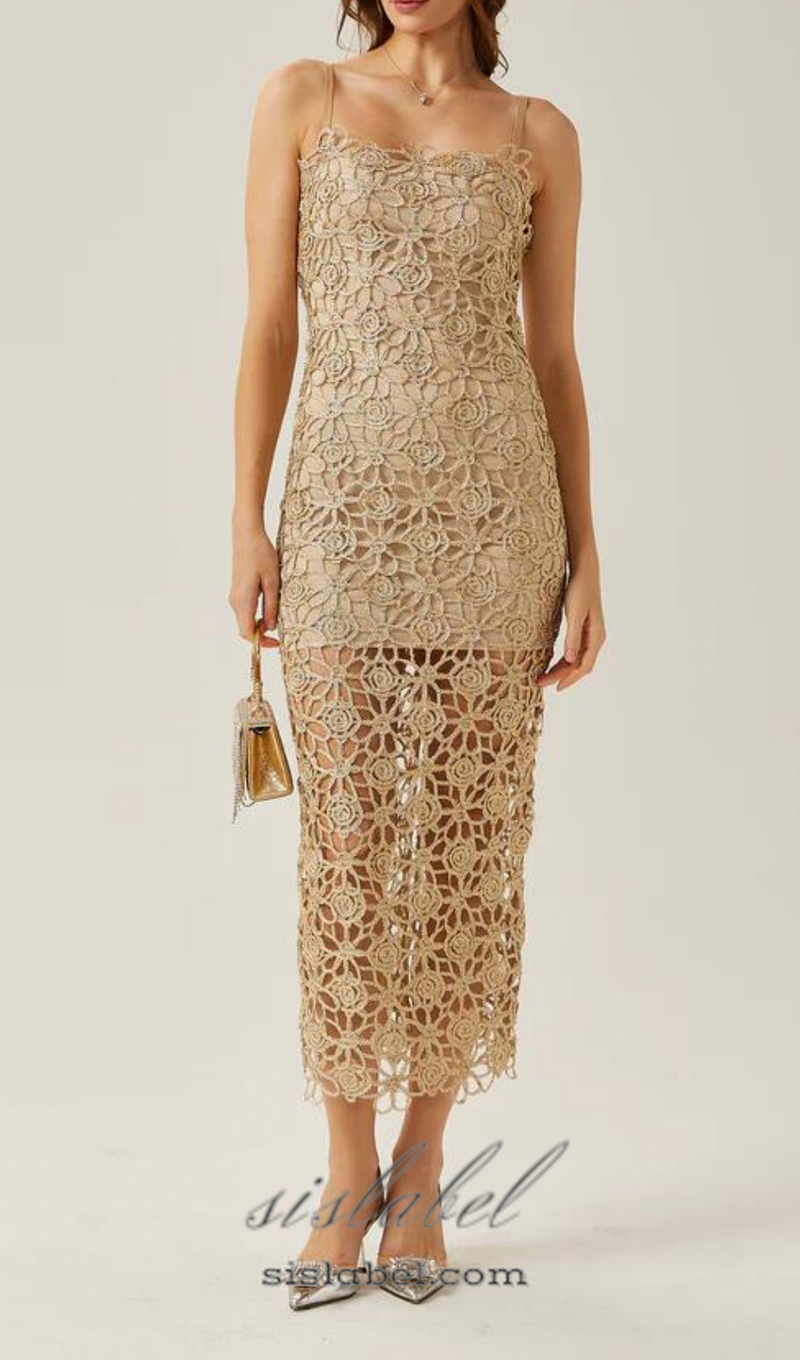 AGNES GOLD LACE CROCHET CUTOUT MIDI DRESS