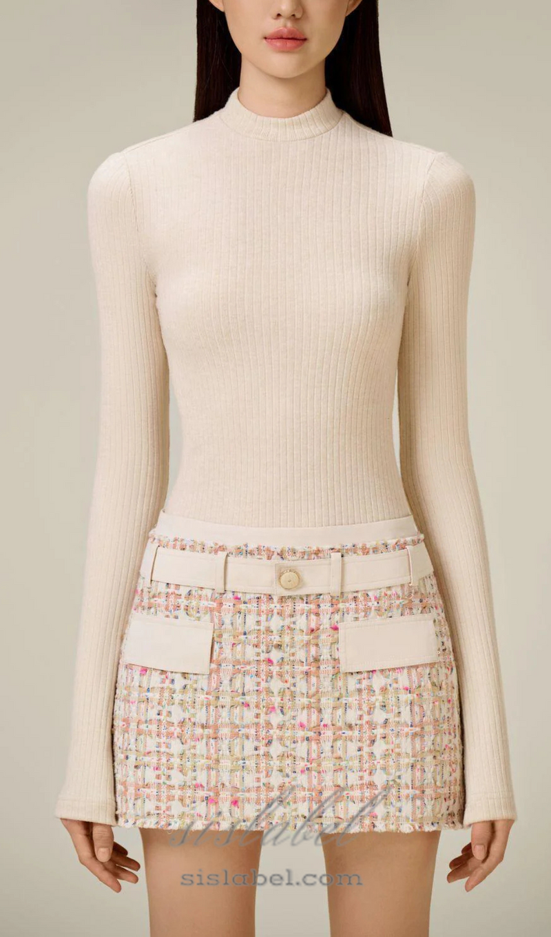 Carlin patchwork Tweed mini skirt in pink