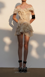 SABRINA RUFFLE LAYERS STRAPLESS MINI DRESS IN BEIGE