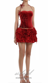 velvet corset floral mini skirt suit in red