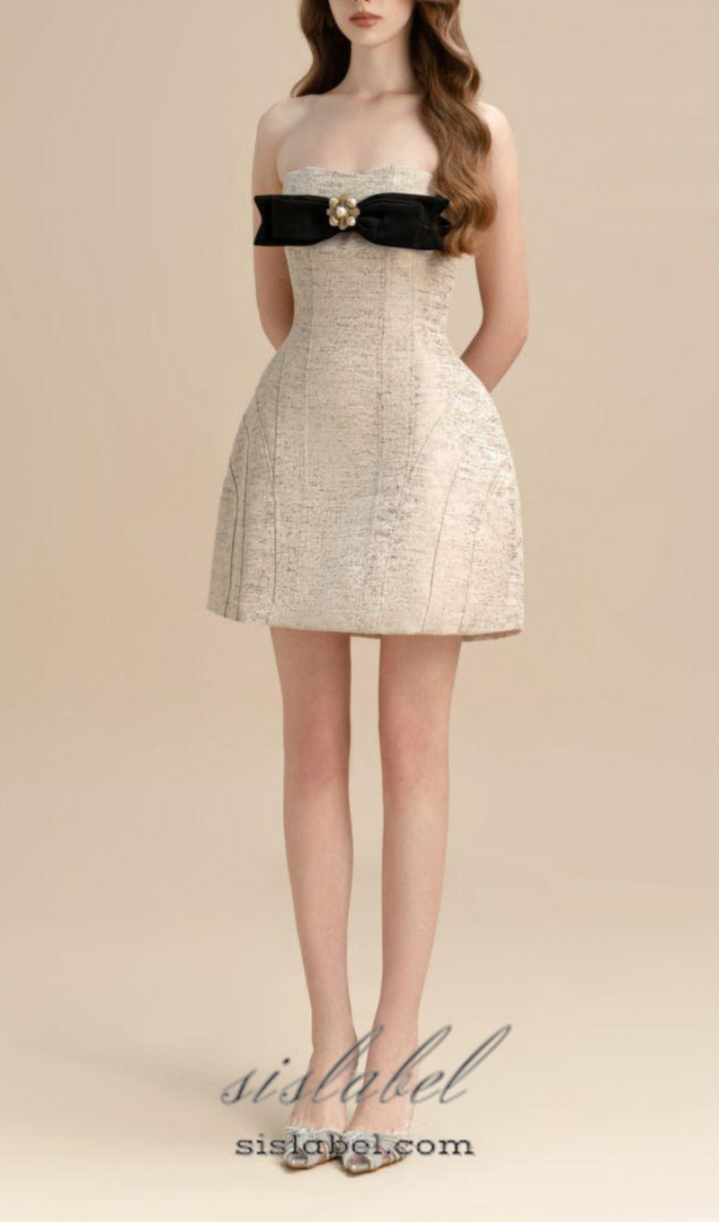 TINA STRAPLESS BOW JACQUARD MINI DRESS IN PINK BEIGE