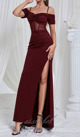 REGINA BURGUNDY HIGH SLIT RUCHED MAXI DRESS