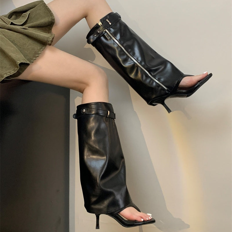 Open-toed high-heeled boots