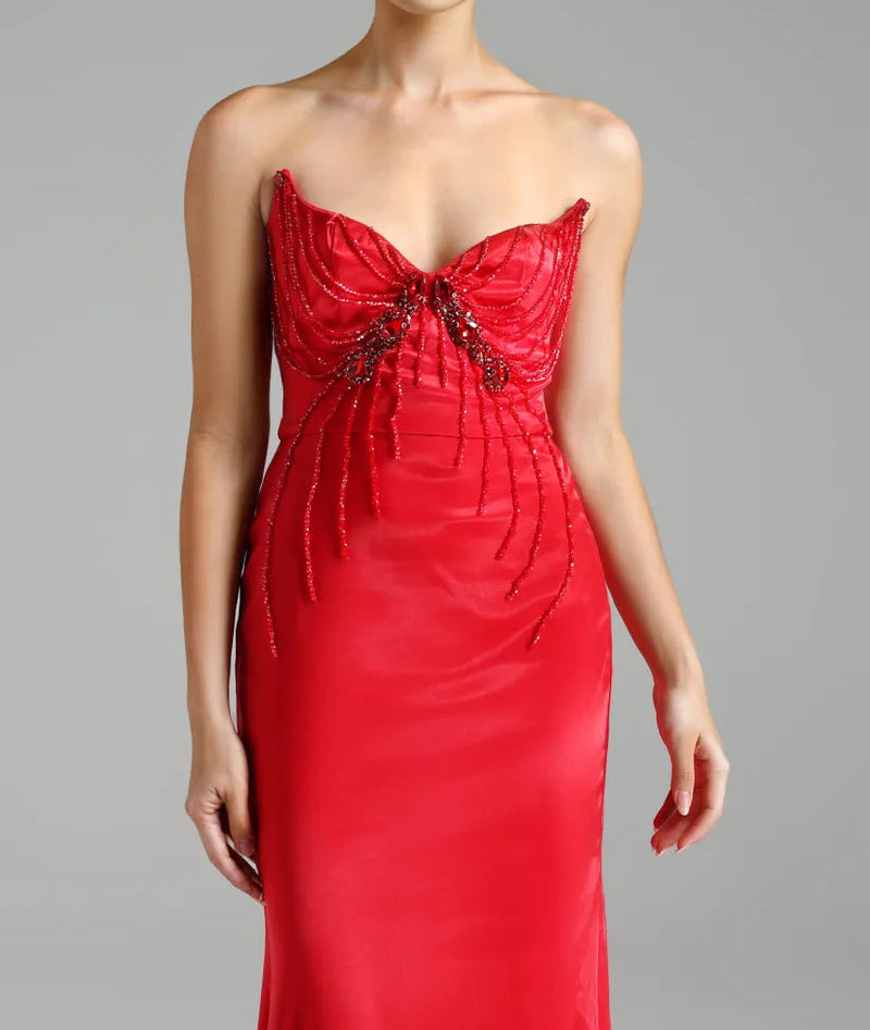 bow embellished strapless maxi dress in red