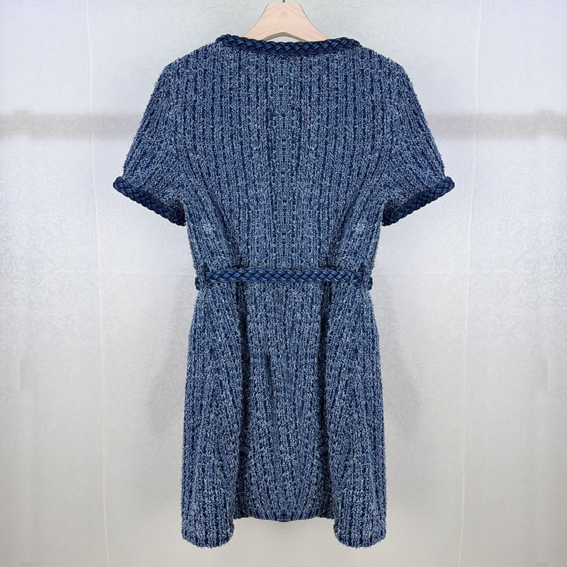 PATRICIA BRAIDED TRIM TEXTURED DRESS IN BLUE