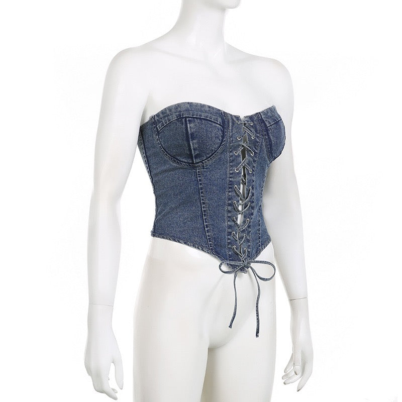 Tie Front Strapless Denim Corset Top