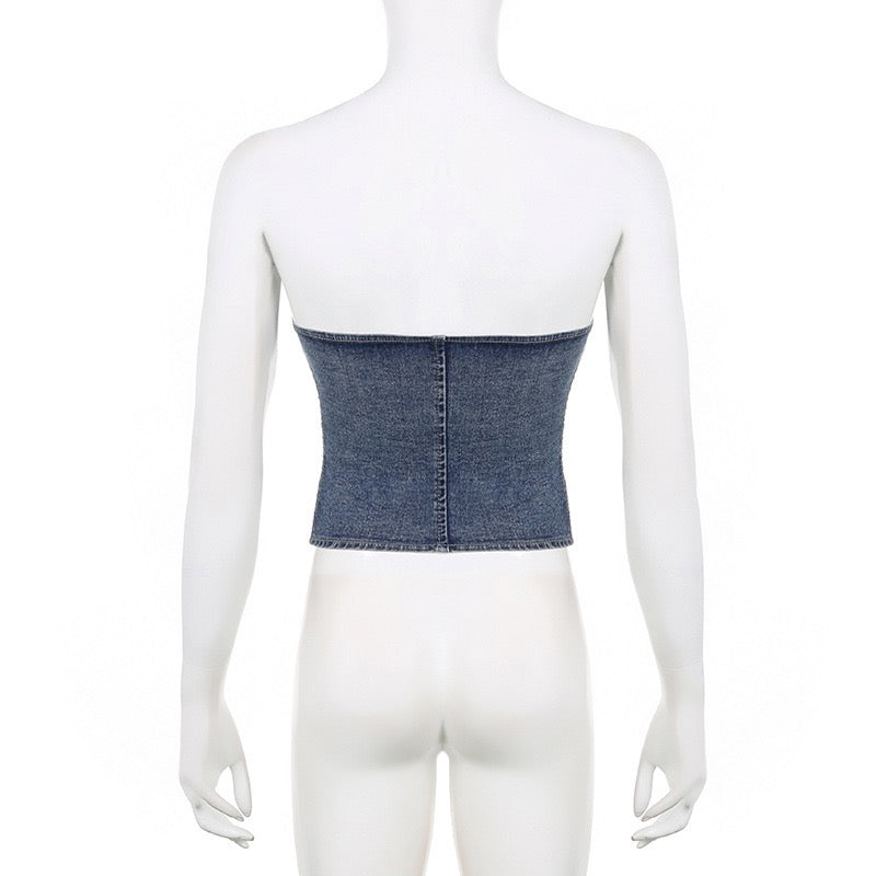 Tie Front Strapless Denim Corset Top