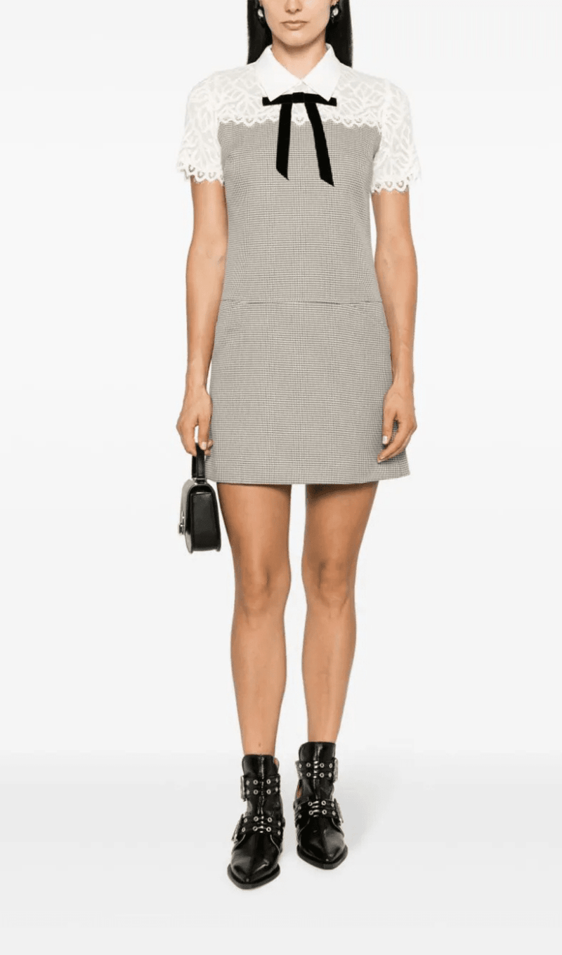 MIXED MEDIA LACE HOUNDSTOOTH DRESS