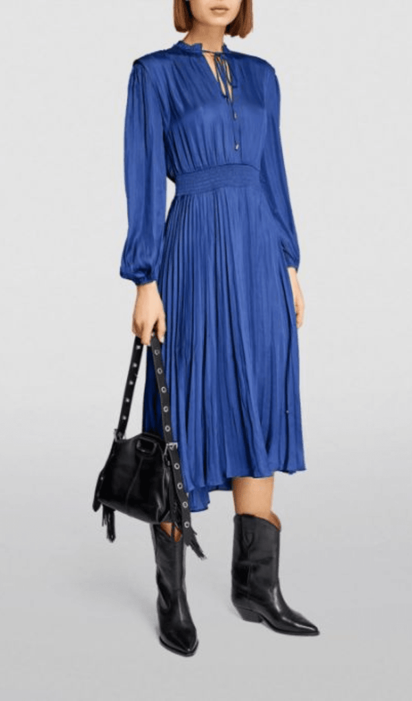 PLEATED SATINY MIDI DRESS