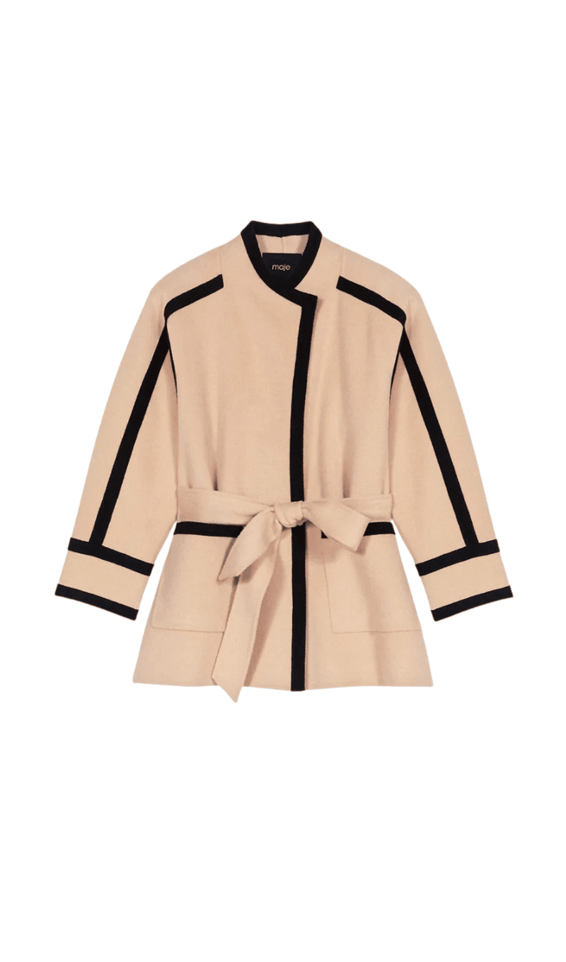 CONTRAST TRIM BELTED COAT