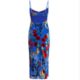 MARGARET FLORAL VELVET STRETCH-WOVEN MIDI DRESS IN KLEIN BLUE