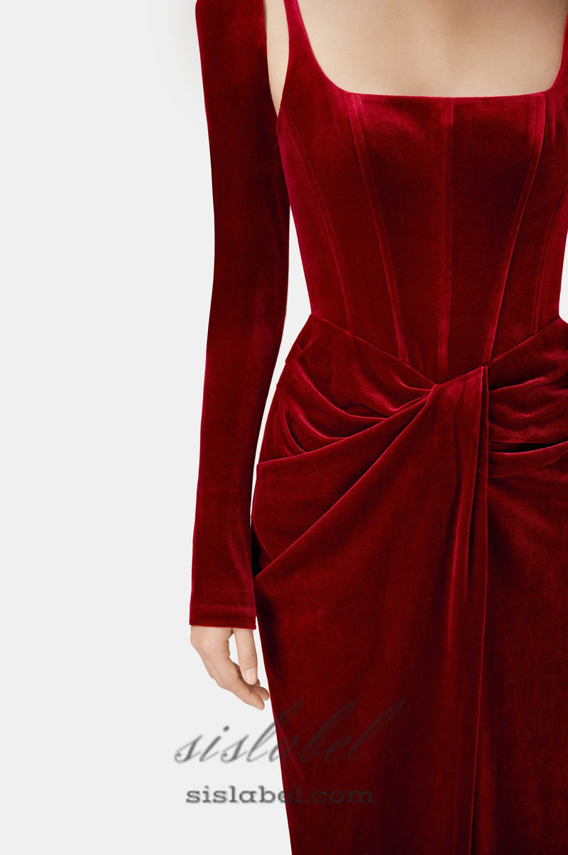 Bordeaux Velvet Draped midi Dress