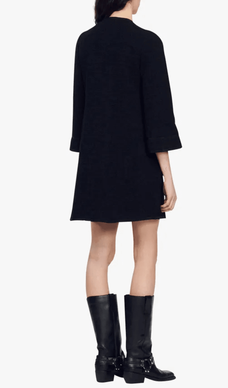 BLACK SHORT V-NECK TWEED COTTON-BLEND DRESS