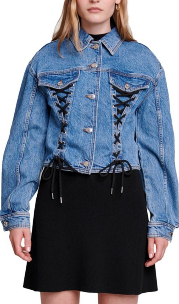 LACED-DETAIL COTTON-BLEND DENIM JACKET