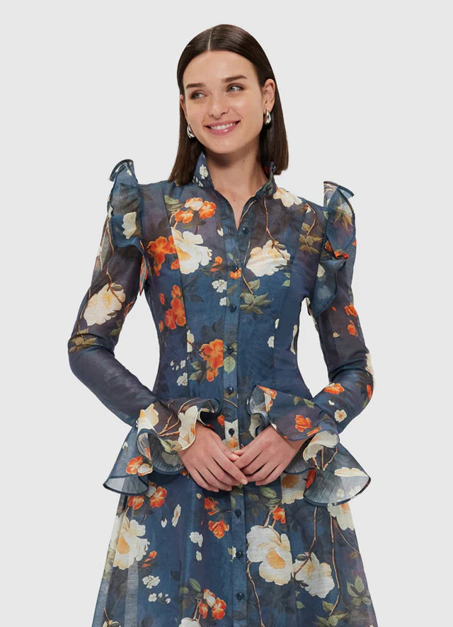 Pear Blossom Print Butterfly Sleeve Midi Dress