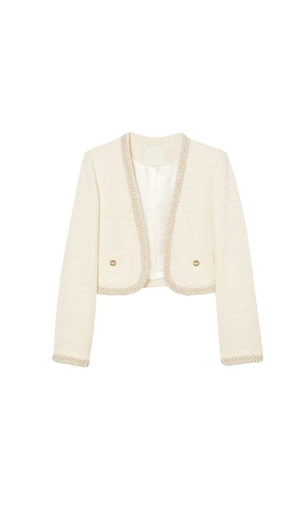 BEAD TRIM CROPPED TWEED JACKET