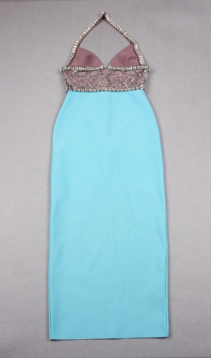 RHINESTONE PLUNGE MIDI DRESS IN TURQUOISE