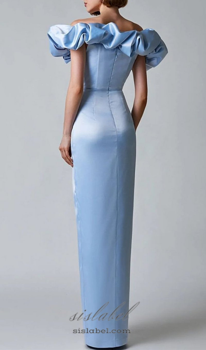 GLADYS BLUE CRYSTAL OFF-SHOULDER MAXI SPLIT DRESS