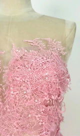 PINK FLORAL LACE EMBROIDER MIDI DRESS