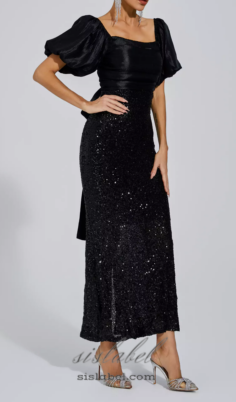 MARIA BLACK BOW SEQUINS EMBELLISHED MAXI DRESS