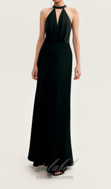 RACHEL BLACK HALTERNECK SATIN BACK CUTOUT MAXI DRESS