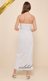 Ivory Satin Jacquard Strapless Bustier Midi Dress