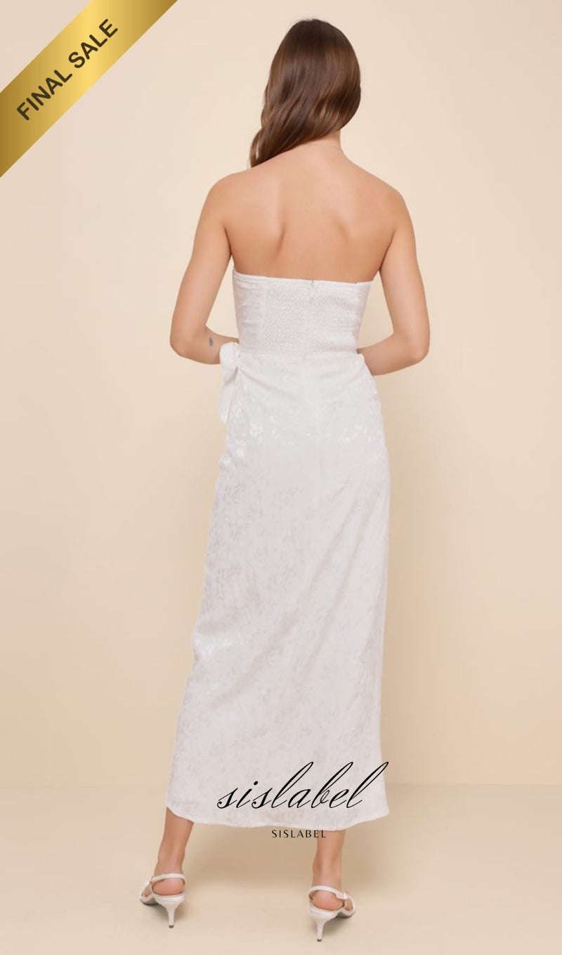 Ivory Satin Jacquard Strapless Bustier Midi Dress