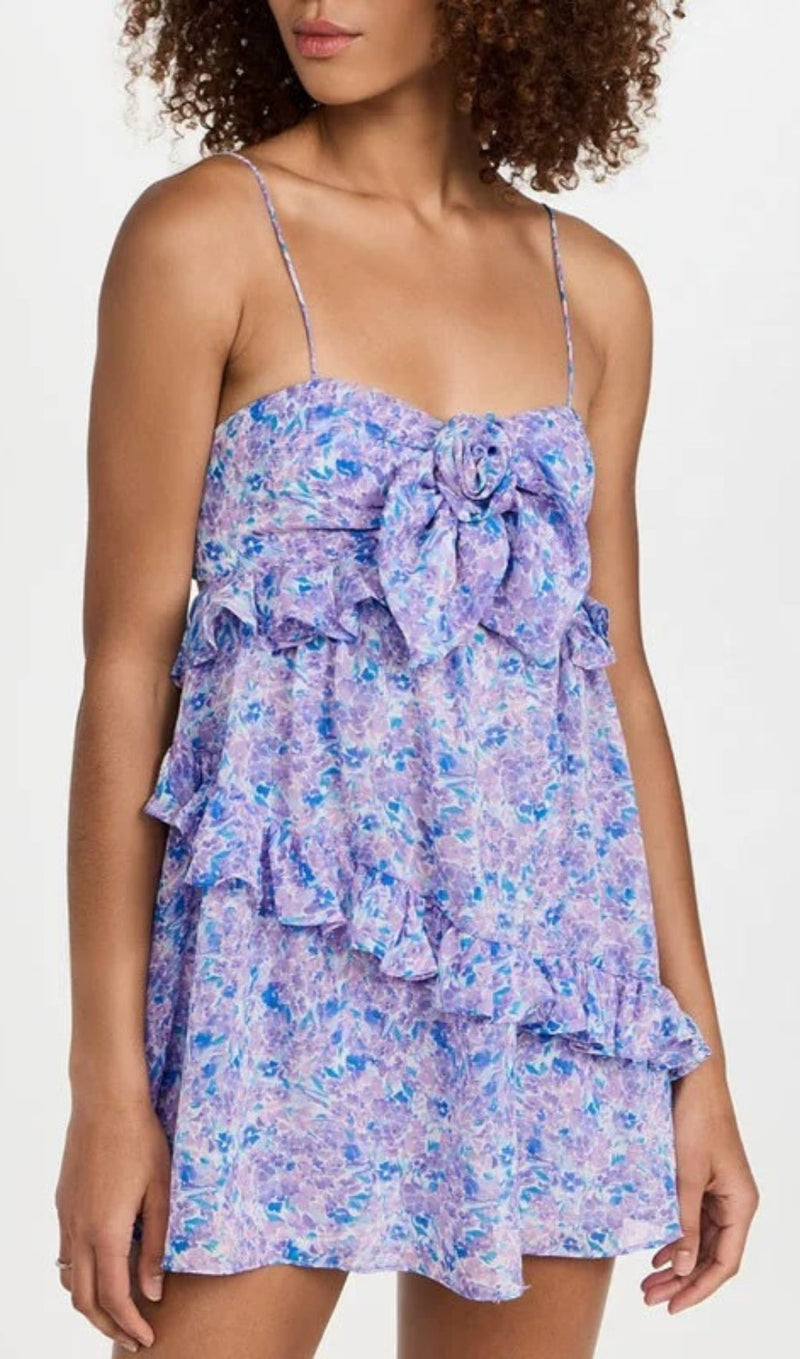 FLORAL EMBELLISHED RUFFLE TRIM MINI DRESS