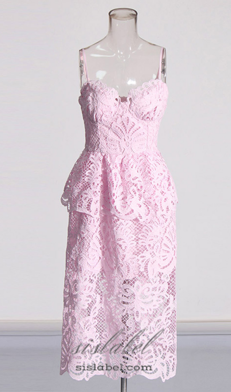 EVELYN CUT OUT LACE LAYERING MIDI DRESS IN PINK