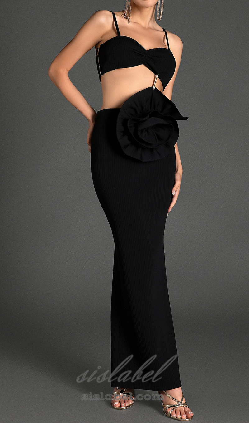 MACRALLI STRAP 3D FLOWER BANDAGE DRESS IN BLACK