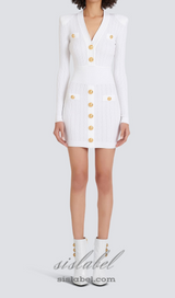 TARA WHITE SHORT KNITTED MINI DRESS WITH GOLD BUTTONS