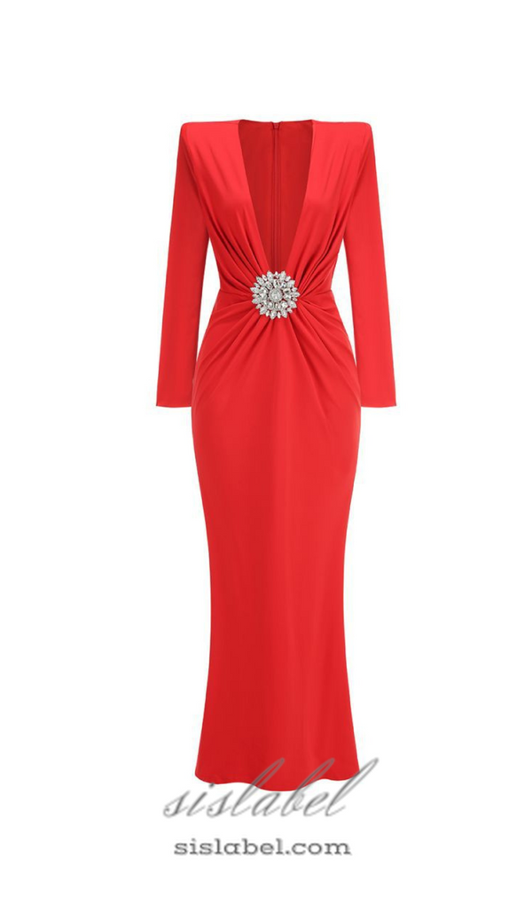 BERNICE LONG SLEEVE DRAPED EMBELLISHED MAXI DRESS IN RED