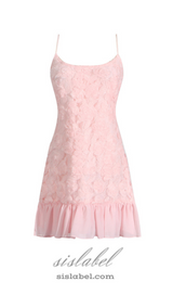 FLORAL APPLIQUÉ PLEATED HEM MINI DRESS IN PINK