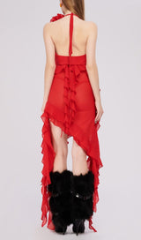 PLUNGING NECKLINE RUFFLE DRESS IN RED