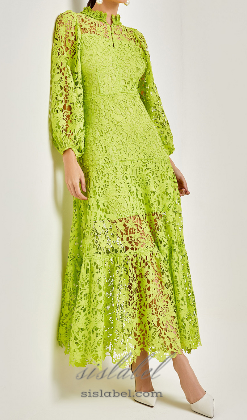 TARA GREEN LACE EMBROIDERED LONG SLEEVE MIDI DRESS