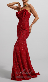 HELOISE RED SEQUIN STRAPLESS LARGE HEMLINE MAXI DRESS