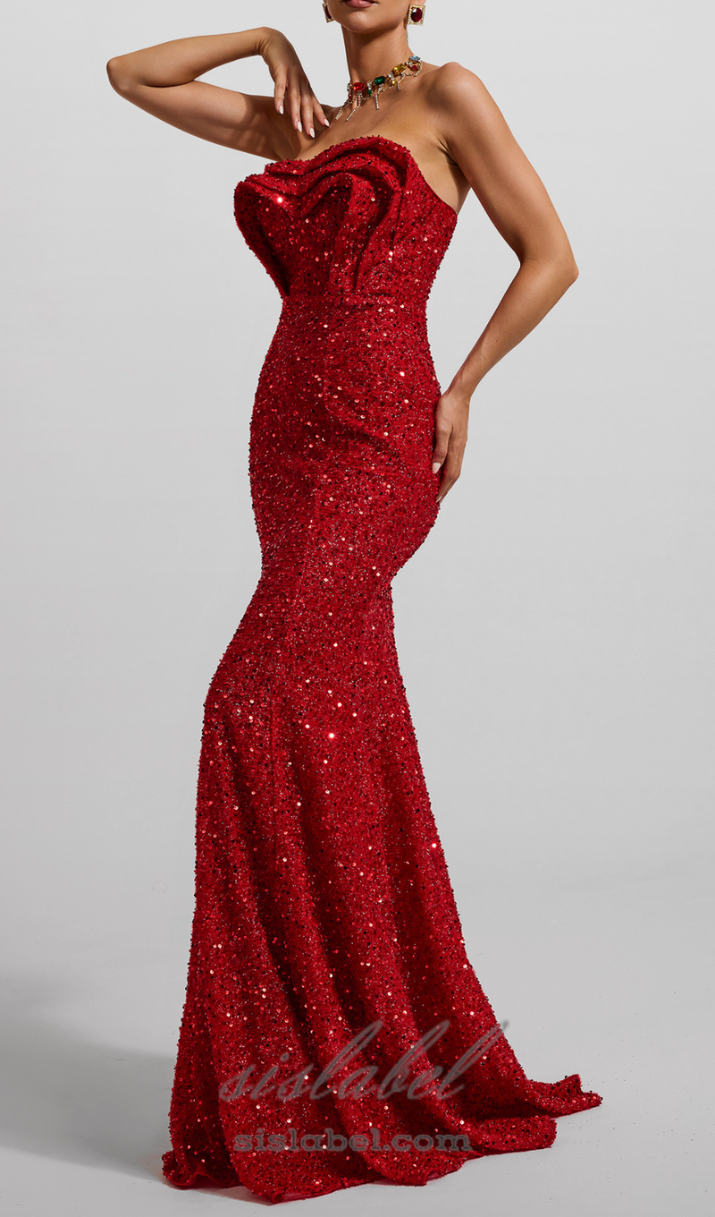 HELOISE RED SEQUIN STRAPLESS LARGE HEMLINE MAXI DRESS